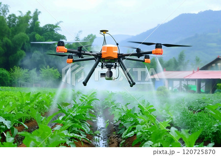 Closeup of injection drone Flying among the vegetable gardens. 120725870