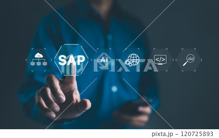 SAP system concept. Businessman touches icons related to SAP System Application Products and business process automation, highlighting the integration of AI, cloud computing, and software management. SAP system concept. Businessman touches icons related to SAP System Application Products and business process automation, highlighting the integration of AI, cloud computing, and software management. 120725893
