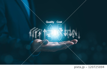 Quality increase and cost optimization for products or services to improve efficiency. Businessman with quality control growth graph and cost reduction, Effective business, Efficient Risk, Cost report Quality increase and cost optimization for products or services to improve efficiency. Businessman with quality control growth graph and cost reduction, Effective business, Efficient Risk, Cost report 120725894