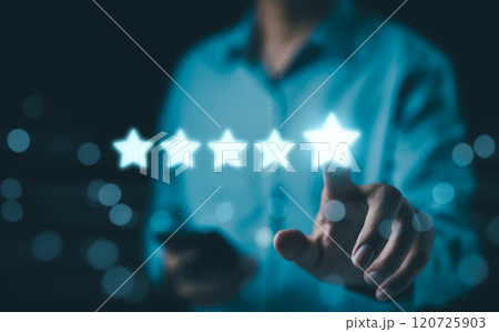 Man give rating to service excellent experience on mobile phone application, Customer review satisfaction feedback survey concept. Client evaluate quality of service reputation ranking of business. Man give rating to service excellent experience on mobile phone application, Customer review satisfaction feedback survey concept. Client evaluate quality of service reputation ranking of business. 120725903