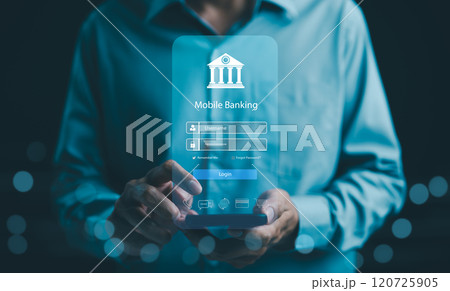 Mobile banking technology concept. Businessman with mobile banking app login screen on smartphone. convenience and security of online financial services, with login credentials and bank icons. Fintech Mobile banking technology concept. Businessman with mobile banking app login screen on smartphone. convenience and security of online financial services, with login credentials and bank icons. Fintech 120725905