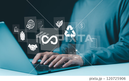 Circular economy, sustainability concept. Person typing on laptop with icons circular economy, sustainability, recycling, eco friendly business practices, integration of environmental, economic goals, Circular economy, sustainability concept. Person typing on laptop with icons circular economy, sustainability, recycling, eco friendly business practices, integration of environmental, economic goals, 120725906