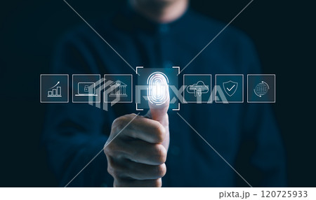 Futuristic biometric authentication technology concept. Man is touching a fingerprint scan with icons of secured access, data protection, network cyber security in digital interface. Internet banking, Futuristic biometric authentication technology concept. Man is touching a fingerprint scan with icons of secured access, data protection, network cyber security in digital interface. Internet banking, 120725933