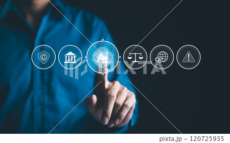 AI Laws and Regulations Concept. Businessman touching digital icons representing artificial intelligence, legal standards, ethics, regulatory compliance, Technology law and policy, copyright, patent, 120725935