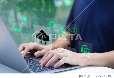 Reduce CO2 emission concept. Businessman use laptop computer with environment icon. technology Net zero and Carbon neutrality, green business and development based on renewable energy. Climate Change, Reduce CO2 emission concept. Businessman use laptop computer with environment icon. technology Net zero and Carbon neutrality, green business and development based on renewable energy. Climate Change, 120725936