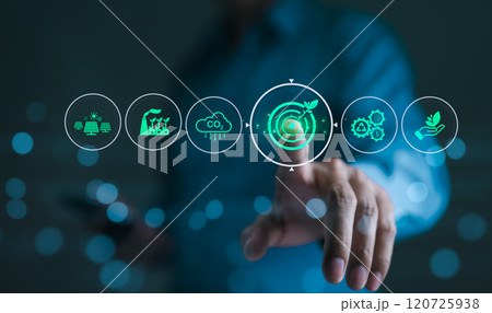 Green Energy and Sustainability Concept. Person with icons represent green energy, sustainability, environmental conservation, modern eco-friendly technology. Carbon footprint, target sustainability, 120725938