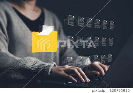 DMS, Document Management System Technology Concept. Businesswoman use laptop with document management system, yellow folder for multiple documents, organization, digital storage, and cloud computing. DMS, Document Management System Technology Concept. Businesswoman use laptop with document management system, yellow folder for multiple documents, organization, digital storage, and cloud computing. 120725939