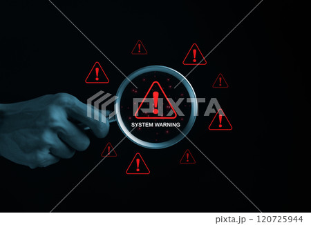 System Warning Alert, Cyber Security Concept. Hand holds magnifying glass over digital warning sign with red exclamation marks, system warning or potential malicious cyber attack alert. Cybersecurity, System Warning Alert, Cyber Security Concept. Hand holds magnifying glass over digital warning sign with red exclamation marks, system warning or potential malicious cyber attack alert. Cybersecurity, 120725944
