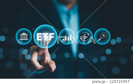 ETF Investment Concept. Exchange Traded Fund, Businessman with ETF icons, representing financial and investment concepts like exchange-traded funds, money, and interest rates. Stock market index fund, ETF Investment Concept. Exchange Traded Fund, Businessman with ETF icons, representing financial and investment concepts like exchange-traded funds, money, and interest rates. Stock market index fund, 120725957
