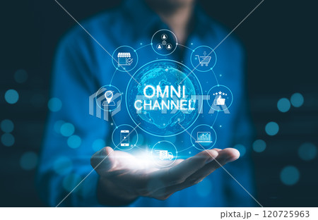 Omni Channel Marketing Concept. Businessman holding digital representation of omni-channel marketing, e-commerce, delivery, social media, analytics, customer engagement, and customer service icons. 120725963
