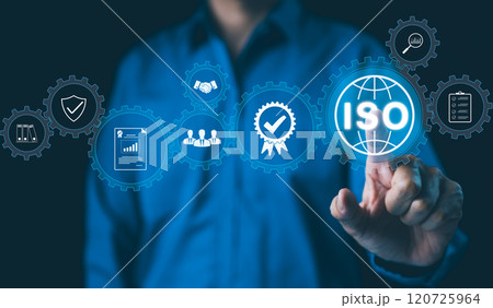 ISO Certification Concept. Businessman touch representation of ISO certification, icons symbolizing quality assurance, compliance, global standards, and International organization for standardization. 120725964