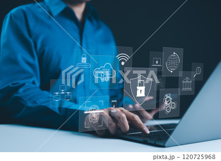 Cybersecurity concept with digital icons. Businessman with cyber security shield protection hologram, information safety, digital encryption privacy, biometric identification, secure internet access, Cybersecurity concept with digital icons. Businessman with cyber security shield protection hologram, information safety, digital encryption privacy, biometric identification, secure internet access, 120725968