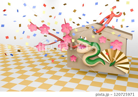 2025年巳年年賀状 絵馬から飛び出すかわいい蛇のイラスト 2025年巳年年賀状 絵馬から飛び出すかわいい蛇のイラスト 120725971