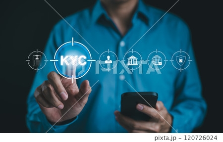 KYC verification concept. Person interacting with Know Your Customer (KYC) compliance and security interface on digital screen. Identity verification, E KYC, digital identity, and security processes. 120726024