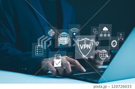 VPN, Virtual Private Network encryption connection concept. Businessman working on laptop, surrounded by digital security icons VPN shield, server, padlock, online security, and data protection. 120726033