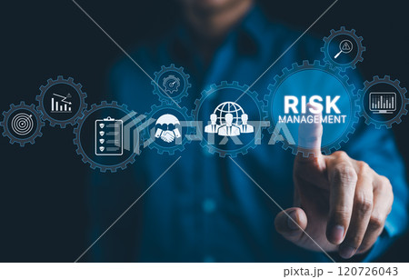 Risk analysis concept. Businessman interacts with digital interface displaying various icon related to risk management and assessment, including global connectivity, analytics, and strategic planning. Risk analysis concept. Businessman interacts with digital interface displaying various icon related to risk management and assessment, including global connectivity, analytics, and strategic planning. 120726043