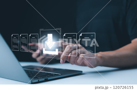 Digital File Download and Data Transfer Technology. Person interacting with digital interface to download files, symbolizes modern data transfer, file management, technology-driven business operations Digital File Download and Data Transfer Technology. Person interacting with digital interface to download files, symbolizes modern data transfer, file management, technology-driven business operations 120726155