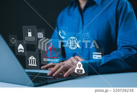 Cybersecurity concept. Scam Alert Warning, A person typing on laptop with scam alert icons, including symbols for phishing, online fraud, identity theft, Unknown person, online threats, Cyber security Cybersecurity concept. Scam Alert Warning, A person typing on laptop with scam alert icons, including symbols for phishing, online fraud, identity theft, Unknown person, online threats, Cyber security 120726238