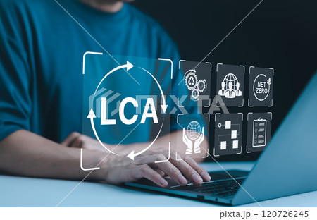 LCA, Life Cycle Assessment Concept. Icons representing Life Cycle Assessment (LCA), sustainability, and net-zero carbon strategies. environmental management analysis. Sustainable business value chain, LCA, Life Cycle Assessment Concept. Icons representing Life Cycle Assessment (LCA), sustainability, and net-zero carbon strategies. environmental management analysis. Sustainable business value chain, 120726245