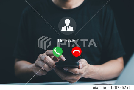 Fraud and phishing concept. Man holding mobile phone with incoming call from unknown caller. scammer or stranger, Hoax person with fake identity, Prank caller, anonymous, smartphone, unwanted, spam, 120726251