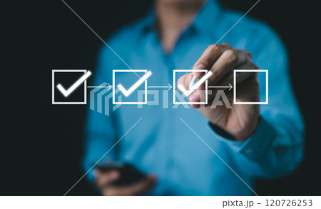 Checklist, Workflow Process for Quality Assurance. Marks checkboxes in digital checklist, step-by-step workflow process for quality assurance, document control, focusing on systematic task completion. 120726253