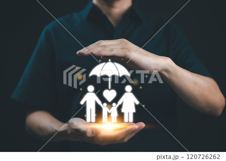 Family Protection and Safety Concept. A person covers digital icon representing family under an umbrella, symbolizing protection, safety, and security for loved ones, family care, and well-being. Family Protection and Safety Concept. A person covers digital icon representing family under an umbrella, symbolizing protection, safety, and security for loved ones, family care, and well-being. 120726262