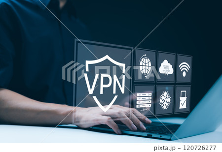 VPN Virtual Private network protocol concept, A person using laptop with interface displaying VPN technology and cybersecurity icons, representing secure internet access and data protection. App VPN, 120726277