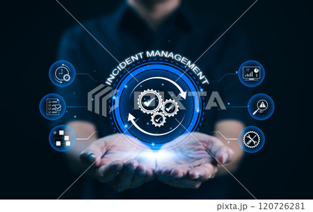 Incident Management and Resolving Unexpected Problems. A person holding incident management icons, risk assessment, data analysis, and problem resolution. approach to managing unexpected issues. 120726281