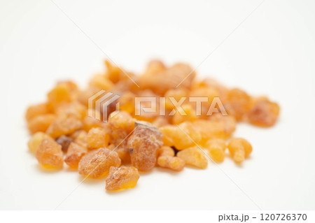 Frankincense or olibanum aromatic resin isolated on white background used in incense and perfumes. 120726370