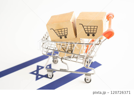 Online shopping, Shopping cart box on Israel flag, import export, finance commerce. 120726371