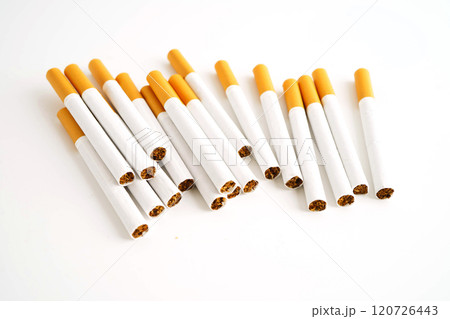 Cigarette, roll tobacco in paper with filter tube, No smoking. 120726443