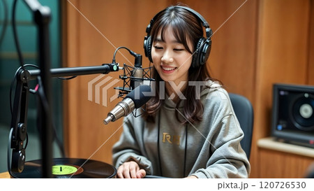 A woman is sitting in a recording studio, wearing headphones and speaking into a microphone. 120726530