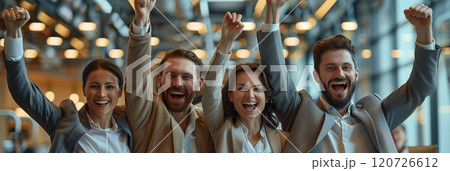 Caucasian business team Celebrate success by raising your arms in the office. 120726612