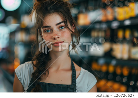 A Caucasian female employee in an apron manning the liquor shelves in a department store is looking confidently at the camera. 120726627