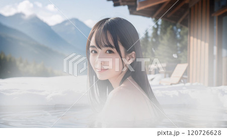 冬景色の温泉露天風呂に入浴中の若い女性 120726628