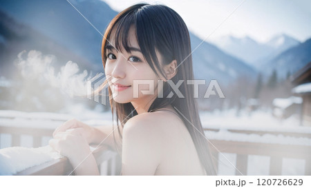 冬景色の温泉露天風呂に入浴中の若い女性 120726629