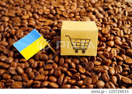 Ukraine flag on coffee beans, shopping online for export or import food product. 120726633