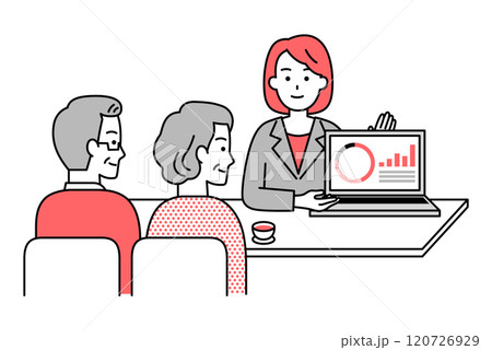 年配の夫婦にパソコンで説明するスーツの女性 120726929