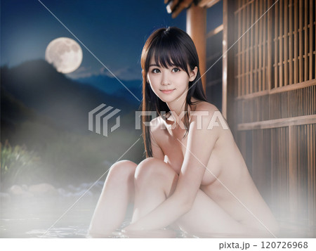 満月の夜の温泉露天風呂に入浴中の若い女性 120726968