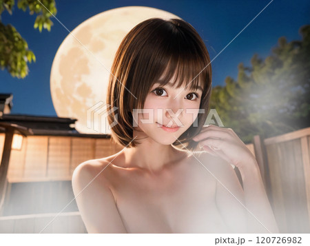 満月の夜の温泉露天風呂に入浴中の若い女性 120726982