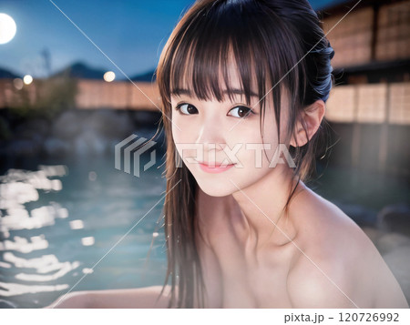 満月の夜の温泉露天風呂に入浴中の若い女性 120726992