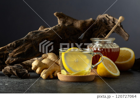 Ginger tea with lemon and honey. Ginger tea with lemon and honey. 120727064