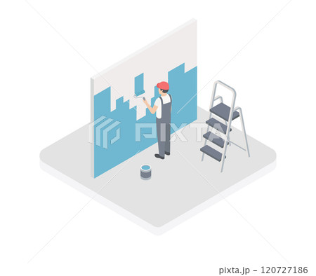 Vector home renovation isometric illustration. Professional worker with painting roller, tray, brush, ladder with bucket of paint and cloth. Painting walls, house construction concept. Isolated. Vector home renovation isometric illustration. Professional worker with painting roller, tray, brush, ladder with bucket of paint and cloth. Painting walls, house construction concept. Isolated. 120727186