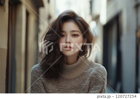 セーターを着た美しい女性モデル「AI生成画像」 120727254