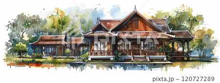 Watercolor painting of a Thai style wooden house in a garden. 120727289