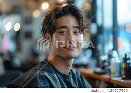 Asian man sitting in a barber chair in a beauty salon. 120727456