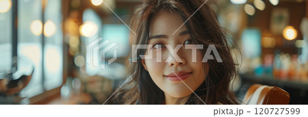 Asian woman sitting in a barber chair in a beauty salon. 120727599