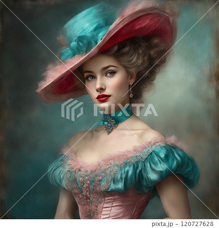 Elegant woman in vintage pink attire, charming portrait 120727628