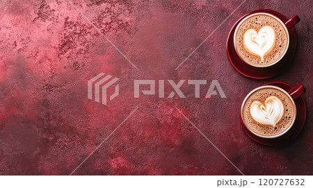 Top view of two cups of cappuccino with heart shaped latte art on burgundy background with place for text 120727632