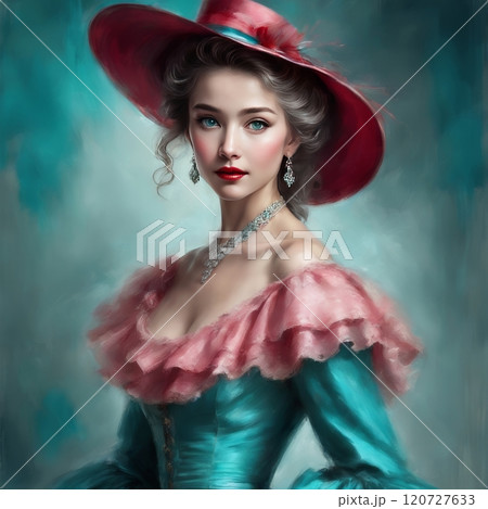 Elegant woman in vintage pink attire, charming portrait 120727633